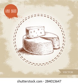 Hand drawn head of cheese and triangle piece of cheese. Vector organic food illustration. Vintage design.