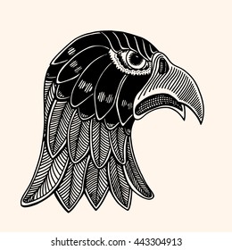 Hand Drawn head of eagle. Detailed illustration. Vector artwork. Black, beige color. Sketch for tattoo or indian makhenda design. Can be used for postcard, t-shirt, bag or poster.
