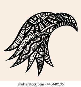 Hand Drawn head of eagle. Detailed illustration. Vector artwork. Black, beige color. Sketch for tattoo or indian makhenda design. Can be used for postcard, t-shirt, bag or poster.