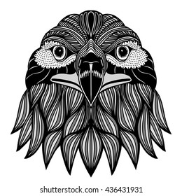 Hand Drawn head of eagle. Doodle vector illustration isolated on white background. Sketch for tattoo or indian makhenda design. Can be used for postcard, t-shirt, bag or poster.