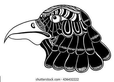 Hand Drawn head of eagle. Doodle vector illustration isolated on white background. Sketch for tattoo or indian makhenda design. Can be used for postcard, t-shirt, bag or poster.