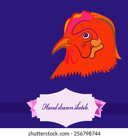 Hand drawn head of hen, label on a  dark blue  background.