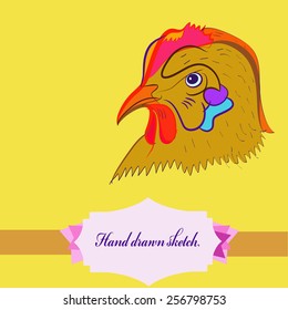 Hand drawn head of hen, label on a light yellow   background. 