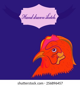 Hand drawn head of hen, label on a dark blue   background. Still from life.