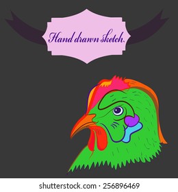 Hand drawn head of hen, label on a gray   background. Still from life.