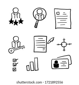 Hand Drawn Head Hunting Related Vector Line Icons. Contains Such Icons As Candidate, CV, Card Index, Outsource And More. Doodle