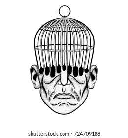 Hand drawn head illustration.
Abstract view of an human head in shape of birdcage.