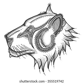 Hand drawn head of lion, vector illustration, ancient style