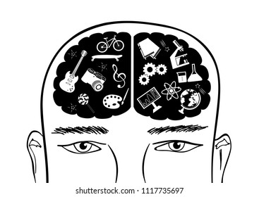 Hand drawn head of man with right and left cerebral hemispheres of brain. Abstract concept of creative and analytical thinking. Black and white doodle vector illustration.