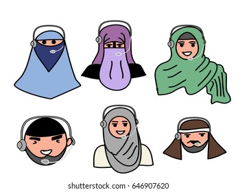 Hand drawn head Muslim men and Women Muslim with microphone and working call center