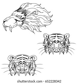 Hand drawn The Head of predator animal Lion and Tiger, Look like a Hat.Tiger face tattoo.lion face tattoo.