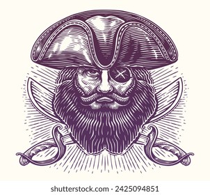 Hand drawn head and saber of a pirate captain. Vintage sketch vector illustration