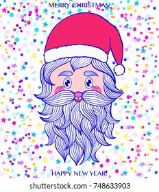 Hand drawn head of Santa Claus on white background with confetti.Christmas card. 