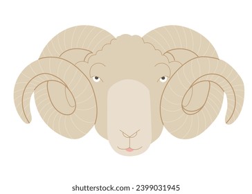 Hand drawn head of sheep with big curly horns. Portrait of an animal in flat design, isolated vector illustration