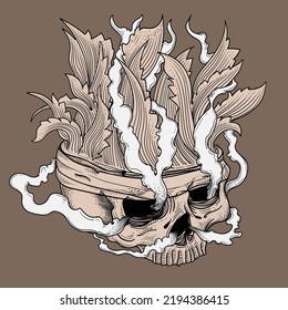 hand drawn head skull with smoke and ornament