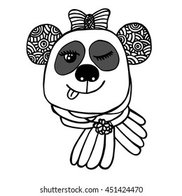 Hand drawn head of smile Panda with bow. Sketch for tattoo, poster, print or t-shirt. Relaxing coloring book for adult and older children.