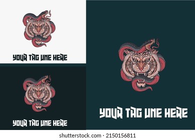 hand drawn head tiger and snake vector iilustration design