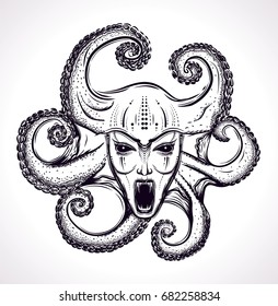Hand drawn head of witch with tentacles. himera. Gorgona. Vampire. Hand drawn image for tattoo art. Dot work. Dangerous girl. Mask for Halloween.