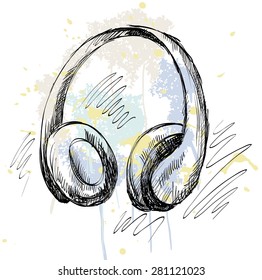 Hand drawn headphone on a white background with blots