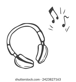 Auriculares dibujados a mano y notas musicales garabatos del concepto de vector de música electrónica. Música de audio de audio para auriculares