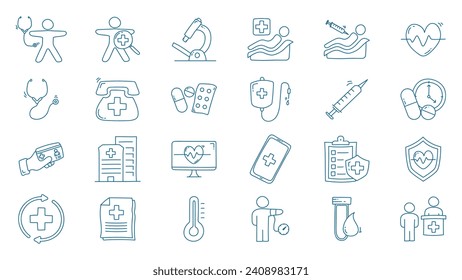 Hand drawn health checkup doodle line icon collection. Health checkup icon set vector illustration.