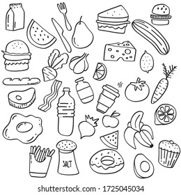 Hand drawn health eating icon set. Collection of vector doodles of food symbols.