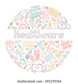  Hand Drawn Healthcare doodle. Vector isolated
