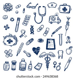 Hand drawn healthcare and medicine doodle icons set