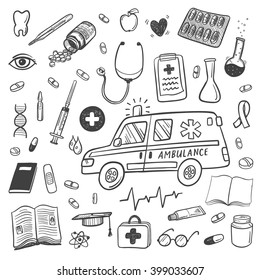 Hand drawn healthcare and medicine doodle icons set