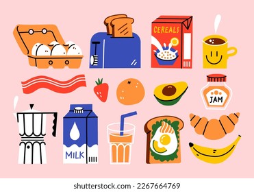 Hand drawn healthy breakfast. Various tasty food and drinks. Vector illustration
