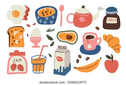 Desayuno saludable dibujado a mano. Varios sabrosos alimentos y bebidas. Lindos iconos y logotipos. Ilustraciones vectoriales de moda. Estilo de dibujos animados. Diseño plano. Ilustración vectorial.