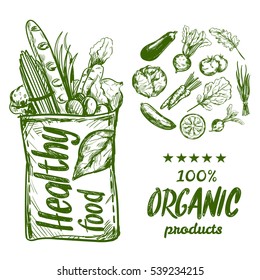 Hand drawn healthy food bag and organic products vector illustration