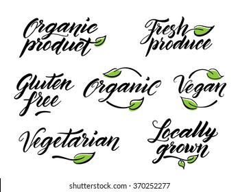 Hand Drawn Healthy Food Brush Lettering. Organic, Organic Product, Gluten Free, Vegan, Locally Grown, Vegetarian, Fresh Produce. Label, Logo Template Isolated On White Background.