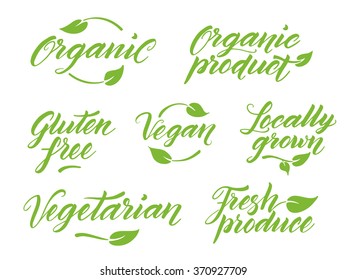 Hand drawn healthy food brush letterings. Organic, organic product, gluten free, vegan, locally grown, vegetarian, fresh produce. Label, logo template isolated on white background.