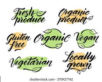 Hand drawn healthy food brush letterings. Organic, organic product, gluten free, vegan, locally grown, vegetarian, fresh produce. Label, logo template isolated on white background.