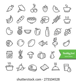 Hand drawn healthy food collection. Doodle icons on white background: fruit, vegetables, milk, bread, meat, fish