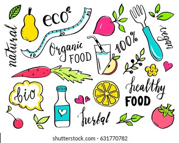 Hand drawn healthy food doodle and lettering text for icon and logo. Vector illustration of vegetable, green leaf, ecology fruit, organic food, milk elements. Cartoon ink brush sketch style design.  