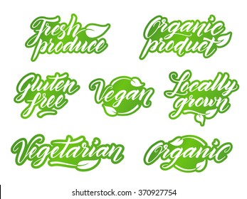 Hand drawn healthy food letterings. Retro styled label, logo, badge template isolated on white background. Organic, organic product, gluten free, vegan, locally grown, vegetarian, fresh produce. 