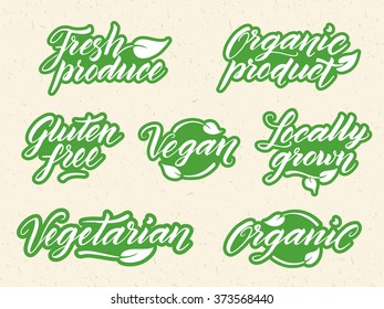 Hand drawn healthy food letterings. Retro styled label, logo, badge template against recycled paper background. Organic, organic product, gluten free, vegan, locally grown, vegetarian, fresh produce.