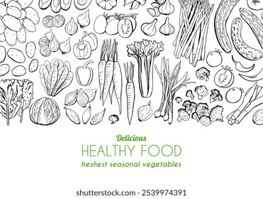 Hand Drawn Healthy Food Menu Template. Vector Outline Illustration