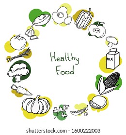 Hand drawn healthy food stylized. Line art.Isolated vector elements with colored green and yellow points. Egg, pepper, apple, mushroom, milk, corn, orange,peas, parsley, pumpkin, carrot,broccoli