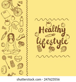 Hand drawn healthy lifestyle background. Yoga woman, bicycle, badminton racket, bottle of water, heart, carrot, tomato, artichoke, apple, strawberry, music player, running shoes.