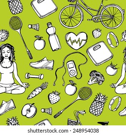 Hand drawn healthy lifestyle seamless pattern. Yoga woman, bicycle, badminton racket, bottle of water, heart, tomato, artichoke, apple, strawberry, music player, running shoes.