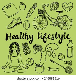 Hand drawn healthy lifestyle set. Yoga woman, bicycle, badminton racket, bottle of water, heart, carrot, tomato, artichoke, apple, strawberry, music player, running shoes. Green background