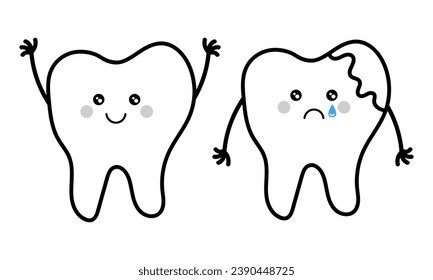 hand drawn of healthy and sick tooth characters on white background