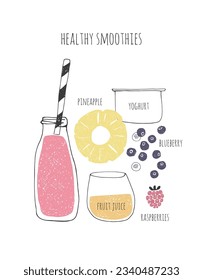 Hand drawn healthy smoothie recipe. Doodle raspberries, blueberry, pineapple, yogurt, juice.