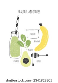 Hand drawn healthy smoothie recipe. Doodle yoghurt, spinach,  avocado, honey, banana.