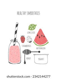 Hand drawn healthy smoothie recipe. Doodle yoghurt, strawberry, watermelon, honey, lime.