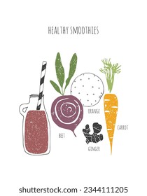  Hand drawn healthy smoothie recipe. Doodle beet, orange, carrot, ginger. 