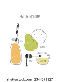  Hand drawn healthy smoothie recipe. Doodle pear, orange, honey, green tea.